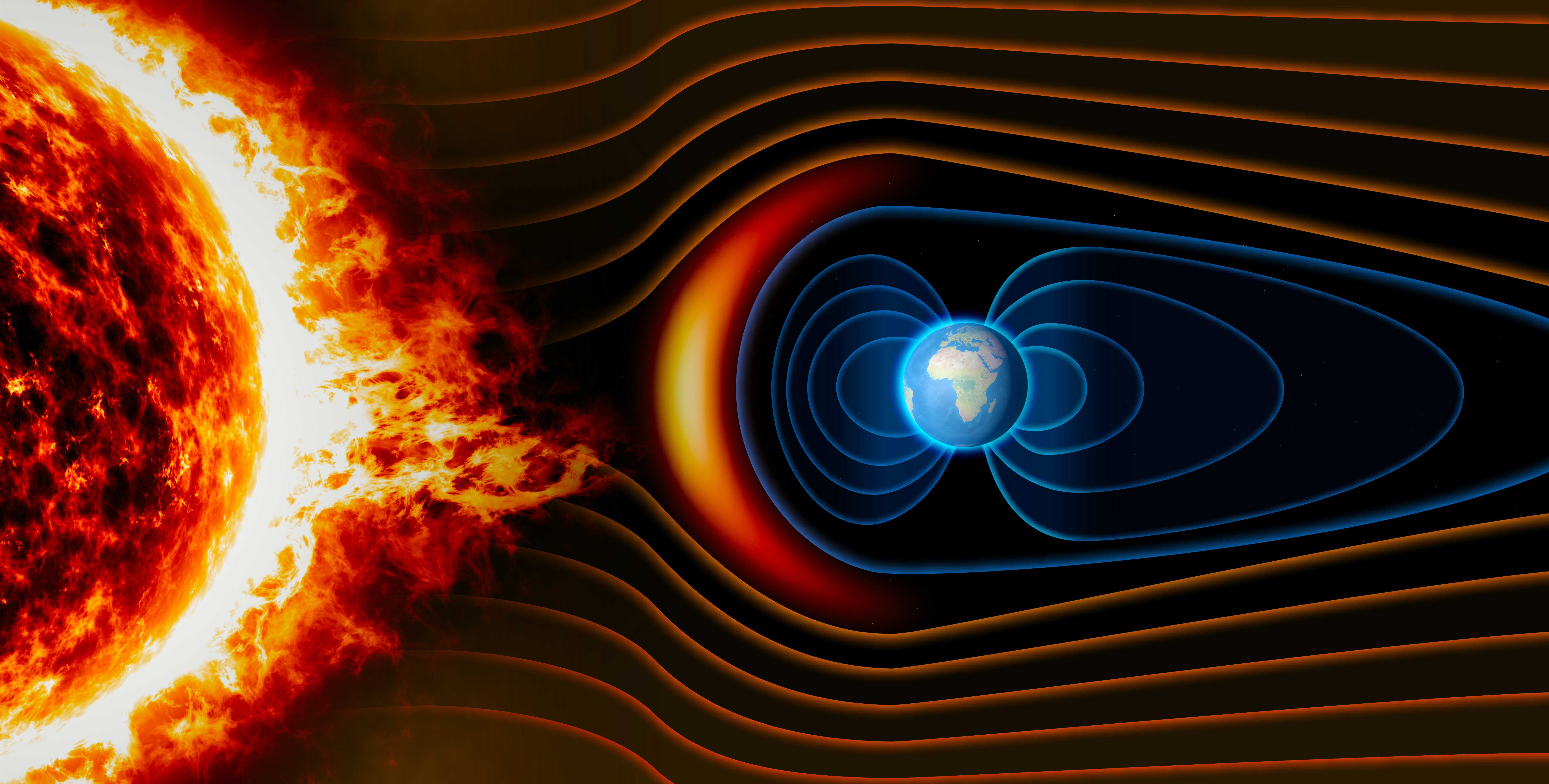 Illustration showing the Earth's magnetic field protecting the planet.