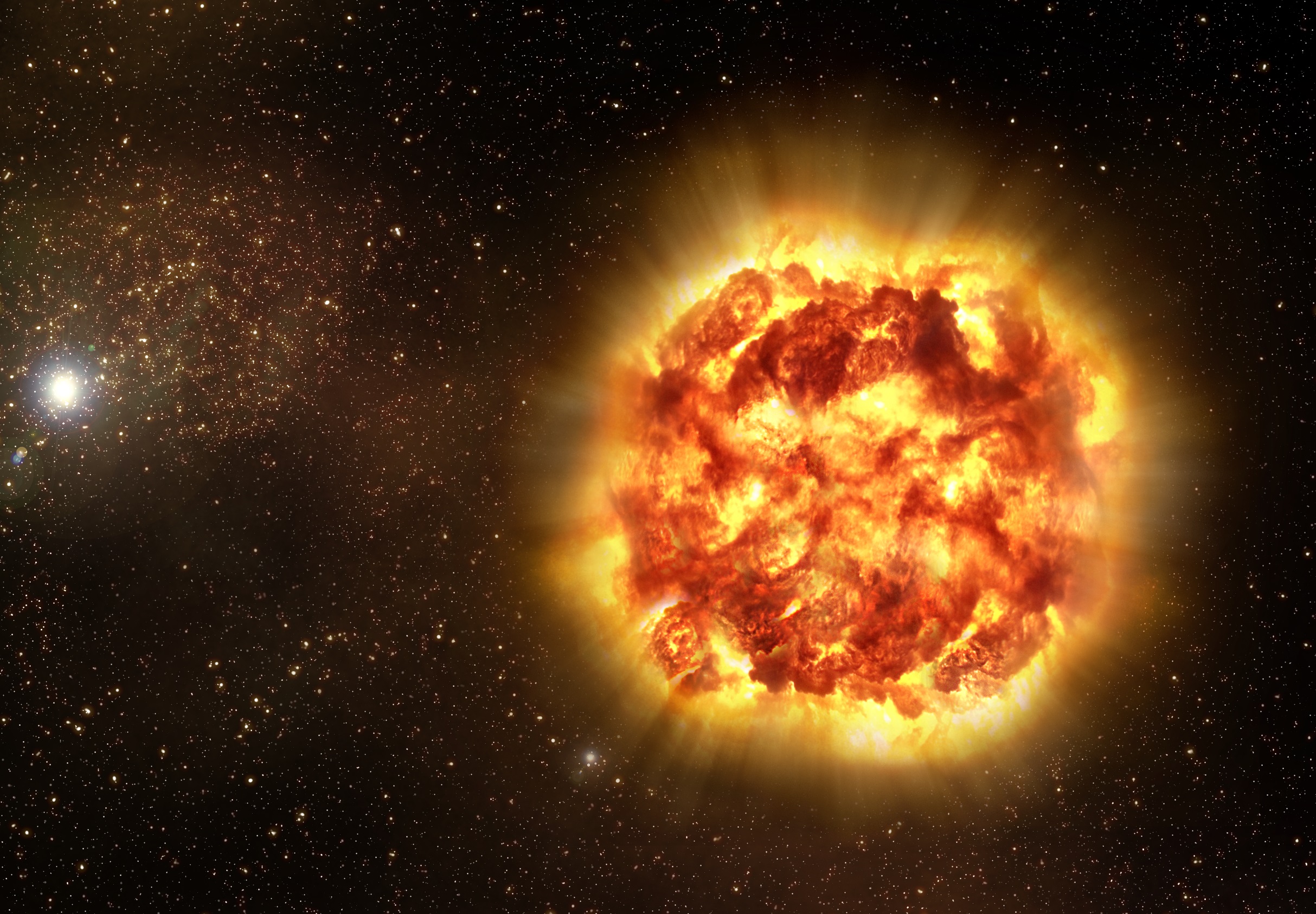 An artist’s conception of a type Ia supernova exploding, courtesy of ESO. 