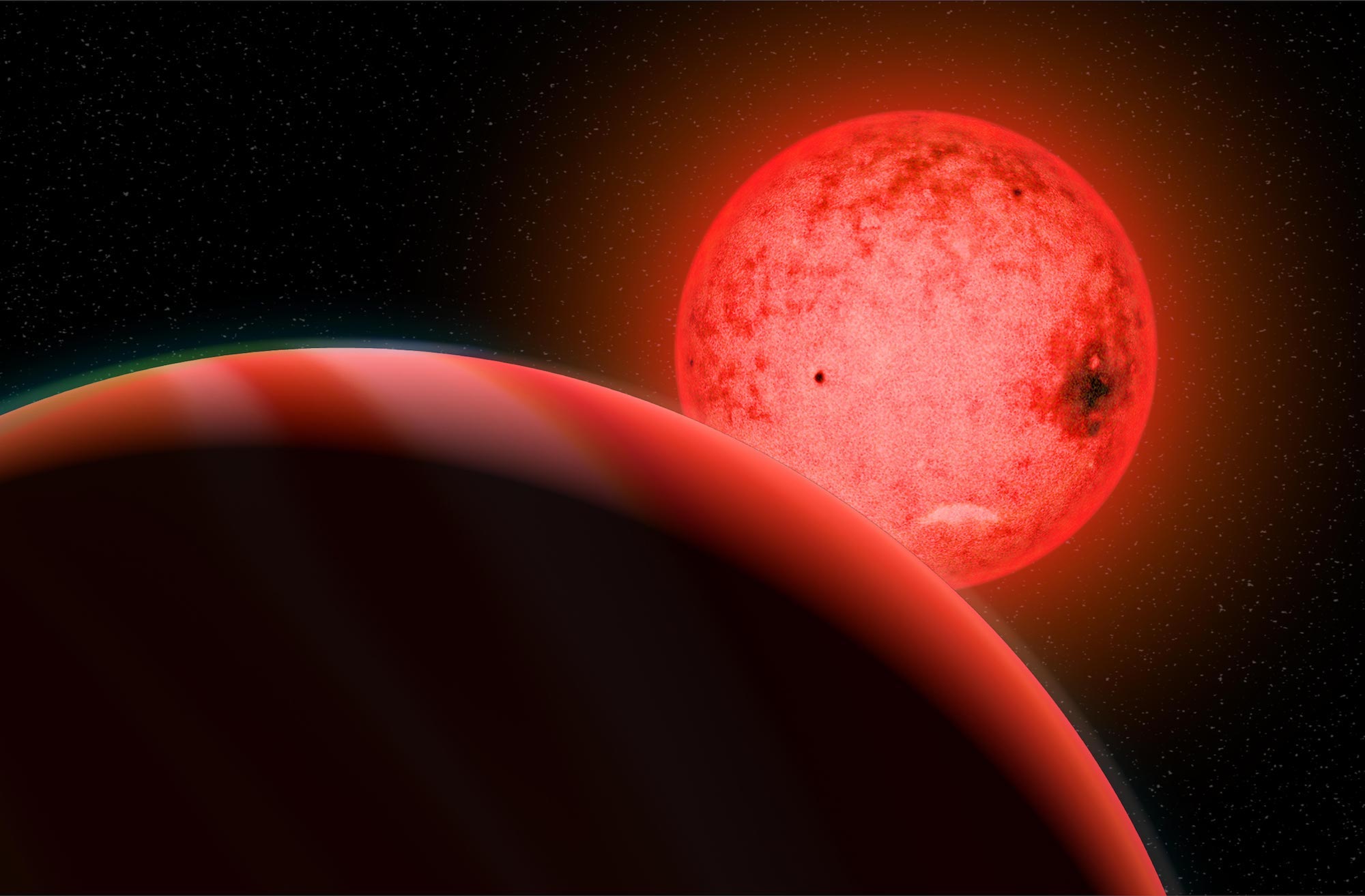 Artist’s concept of the gas giant TOI-5205 b passing in front of its small red dwarf host star