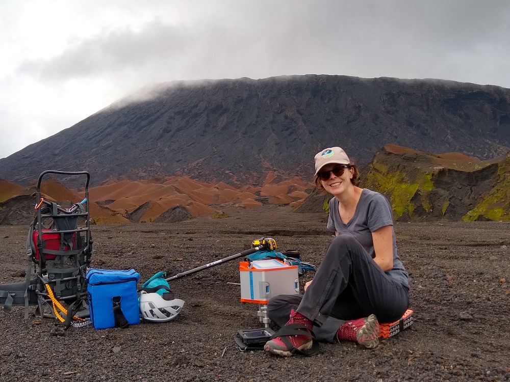 Hélène Le Mével conducting fieldwork with a gravimeter at Ambrym volcano in May 2019