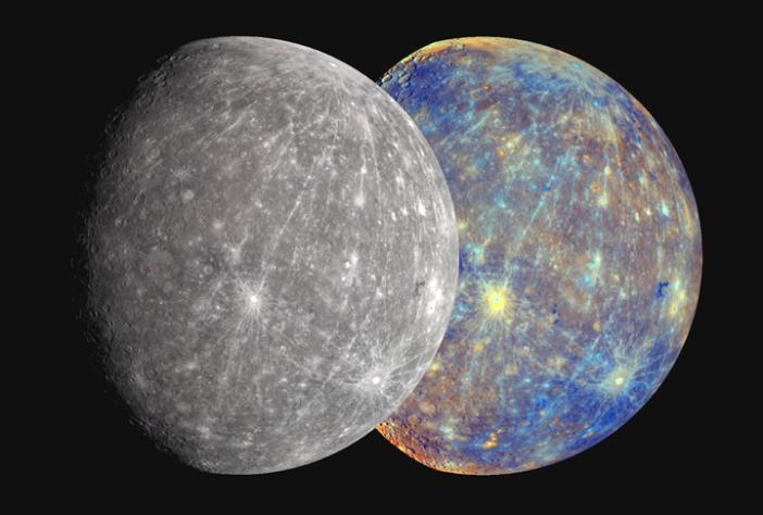 A gray-true color Mercury next to a colorized Mercury that combines visible and near infrared light to highlight the differences in surface composition. 
