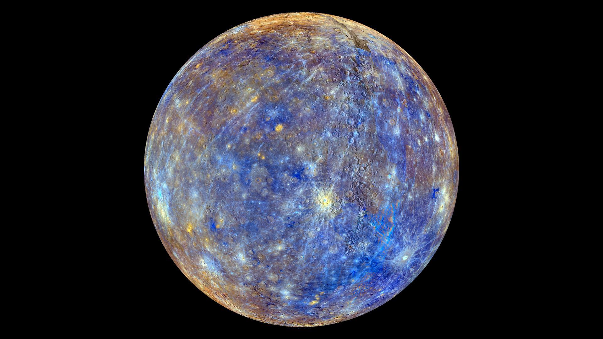 The planet Mercury on a black background. This colorful view of Mercury was produced by using images from the color base map imaging campaign during MESSENGER's primary mission. NASA/Johns Hopkins University Applied Physics Laboratory/Carnegie Science