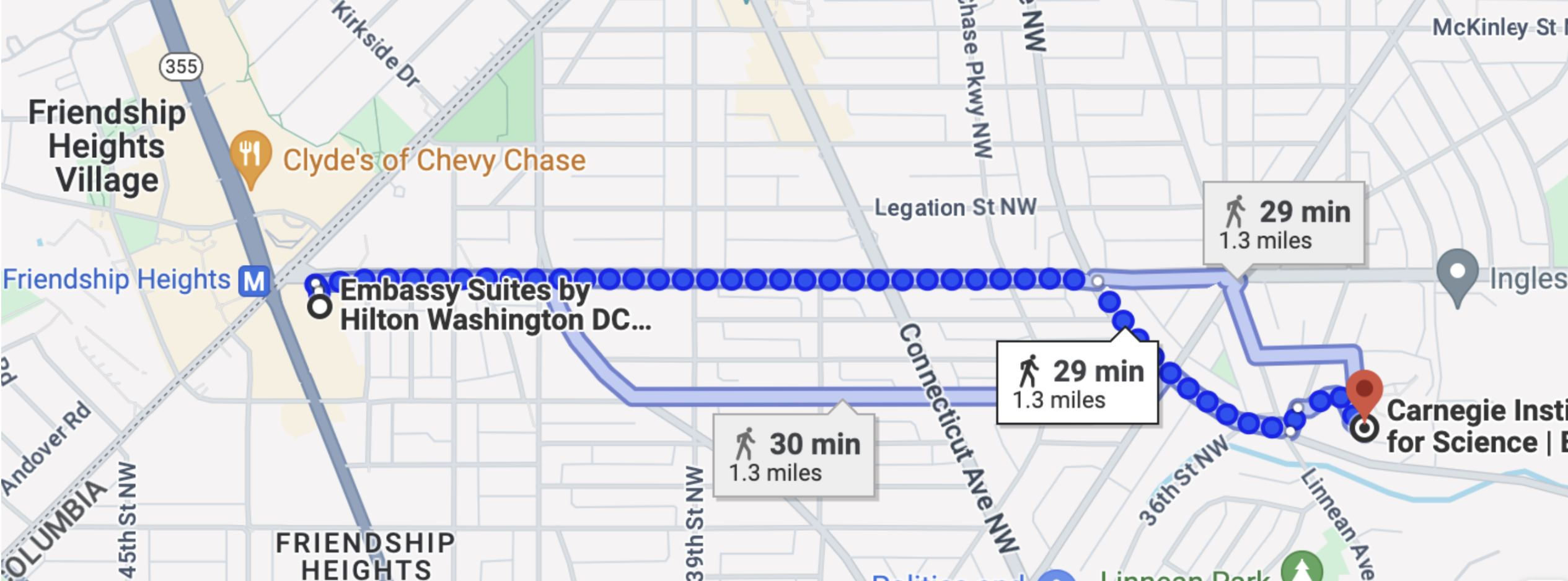 Map showing the 1.3-mile walk to campus from the hotel. 