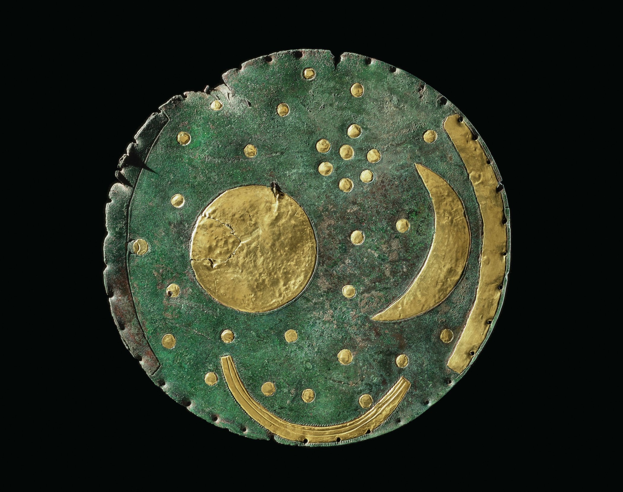 The Nebra Sky Disk is considered the oldest concrete depiction of astronomical phenomena. It depicts the Pleiades, in addition to the Sun, Moon, and other stars. Credit: Landesmuseum Für Vorgeschichte,State Office for Heritage Management and Archaeology Saxony-Anhalt, Juraj Lipták, Photo © LDA Sachsen-Anhalt, Juraj Lipták
