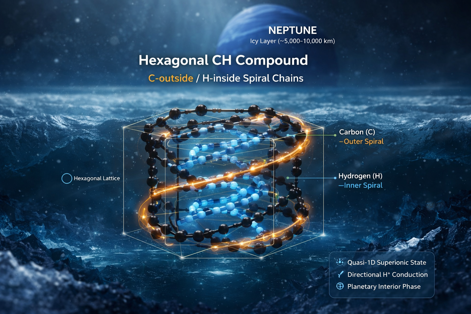 Illustration of the predicted hexagonal carbon hydride compound under Neptune-like interior conditions. In this structure, carbon forms the outer spiral chains (yellow) and hydrogen forms the inner spiral chains (blue), consistent with the quasi-one-dimensional superionic behavior identified in first-principles simulations. Courtesy: Cong Liu. 