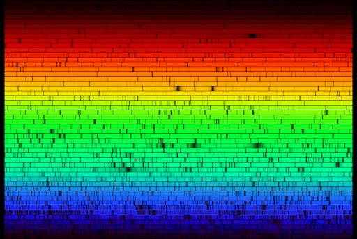 A rainbow of color from red to blue with black gaps showing where light was absorbed