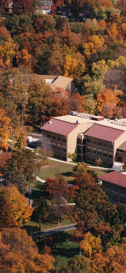 An overhead shot of the Broad Branch Road campus in autumn. 