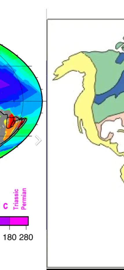 The left figure shows the age of oceanic crust (from Muller et al., G3, 2008) while the right figure shows the wide age range of different regions of continental crust that extend back past 4 billion years in age.