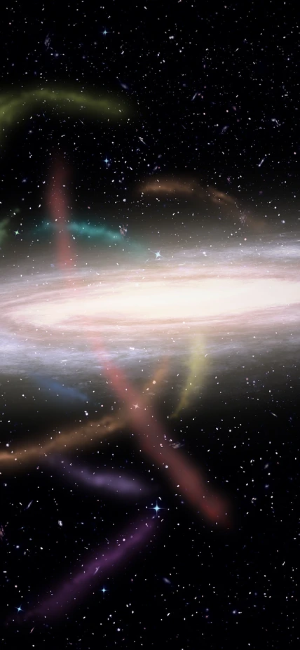 Artist’s representation of our Milky Way Galaxy surrounded by dozens of stellar streams. These streams were the companion satellite galaxies or globular clusters that are now being torn apart by our Galaxy’s gravity. (Credit: James Josephides and S5 Collaboration.)