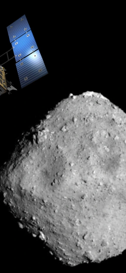 A composite image showing the Hayabusa2 spacecraft approaching the Ryugu asteroid. Spacecraft image is courtesy of NASA. Asteroid image is courtesy of JAXA, University of Tokyo, Kochi University, Rikkyo University, Nagoya University, Chiba Institute of Technology, Meiji University, Aizu University, and AIST.