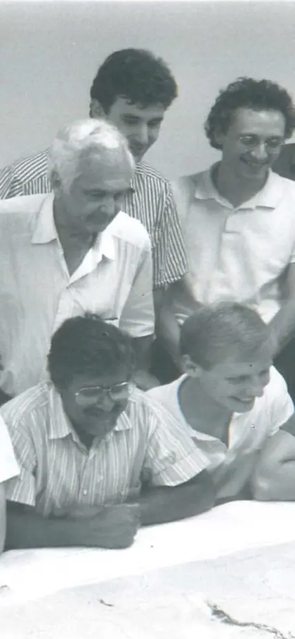 The seismology group in 1990. Back row left to right: Fred Pollitz, Paul Silver, Selwyn Sacks, Gotz Bokelmann, Michael Acierno, Craig Bina, David James, Alan Linde. Front row left to right: Satoshi Kaneshima, Randy Kuehnel, and Chris Kincaid. Courtesy of Carnegie Institution for Science. 