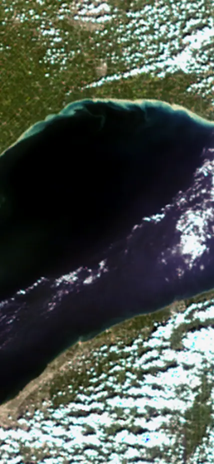 A satellite photo of Lake Erie in 2014 showing that year's algal bloom in the western basin. 2017's bloom is expected to resemble 2014's. Image is courtesy of NASA and NOAA. 