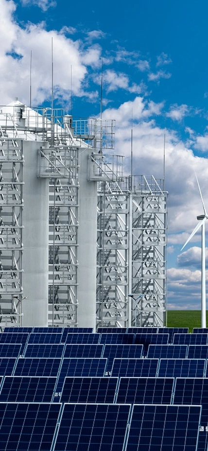 An artist's conception of producing hydrogen fuel from wind and solar power generation. Image purchased from Shutterstock.