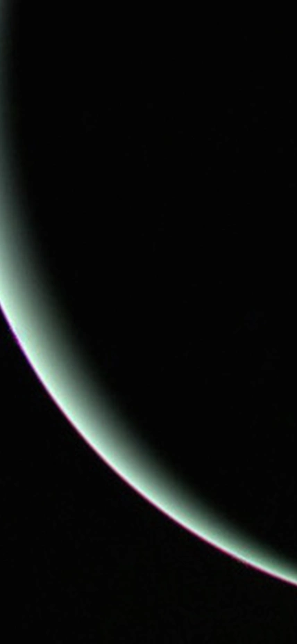 The view of Uranus recorded by Voyager 2 on January 25, 1986, as the spacecraft left the planet behind and set forth on the cruise to Neptune.