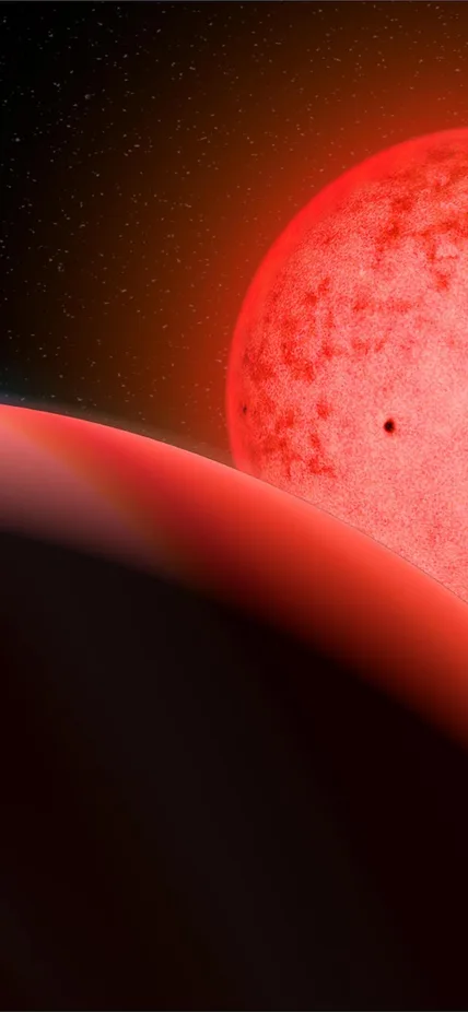 Artist's conception of a a large gas giant planet orbiting a small red dwarf star called TOI-5205. Image by Katherine Cain, courtesy of the Carnegie Institution for Science. 