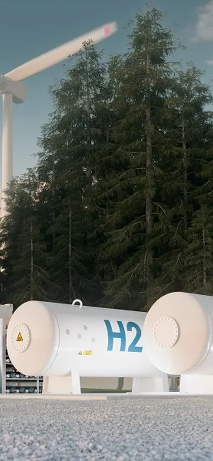 An illustration of hydrogen fuel synthesis from wind and solar power. 