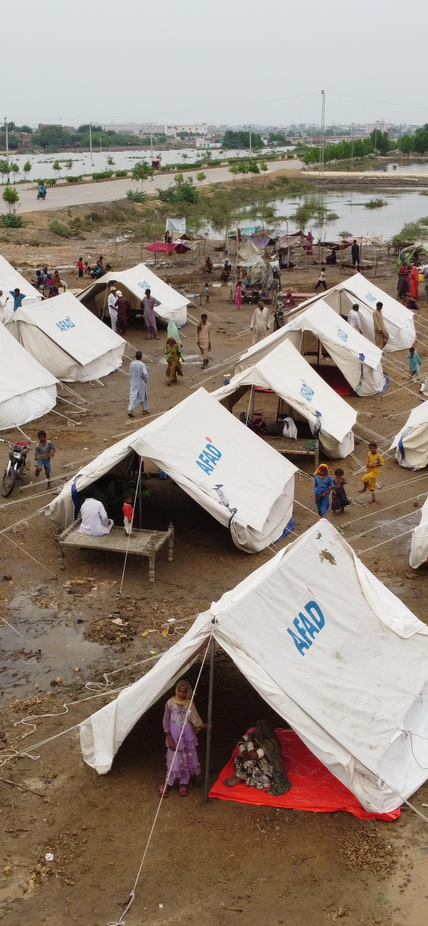 Shutterstock image of relief tents from 2022 Pakistan flooding
