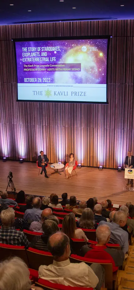 Conny Aerts and Frank Sesno during Kavli Prize Laureate Lecture at the MLK Jr Memorial Library 