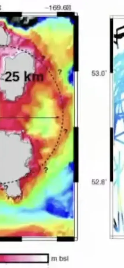 1940's-era NOAA bathymetry (left) confirmed by raw depth soundings from commercial fishing vessels (right.)