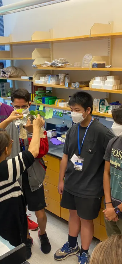 Huiqiao Pan talks to students about soybeans for a BioEYES outreach activity