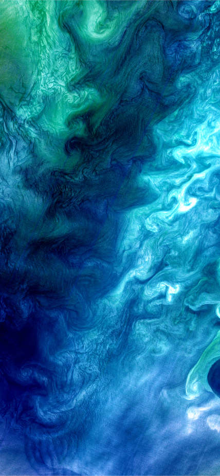 Patterns of blue and green sea water blooms. Colorful splash green, blue, milky turquoise waters. Aerial view diatoms phytoplankton. Ink in water. Abstract background.