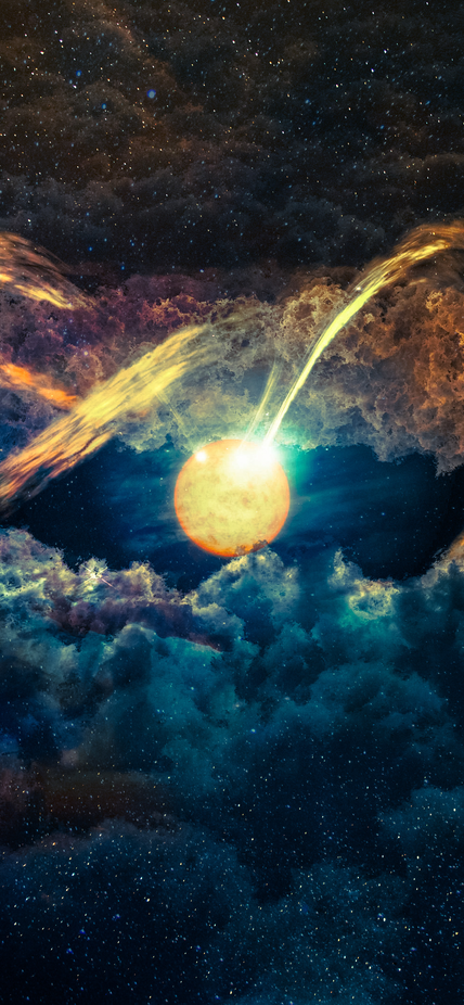 Star surrounded by a protoplanetary disk and clouds, science fiction background. Elements of this image furnished by NASA.