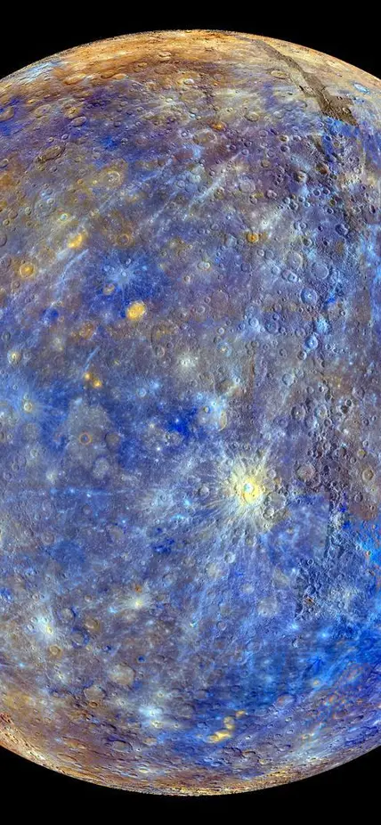 The planet Mercury on a black background. This colorful view of Mercury was produced by using images from the color base map imaging campaign during MESSENGER's primary mission.  NASA/Johns Hopkins University Applied Physics Laboratory/Carnegie Institution of Washington