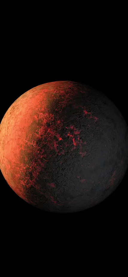 A triptych with an embryo on the left, a red planet in the center, and a raw diamond on the right