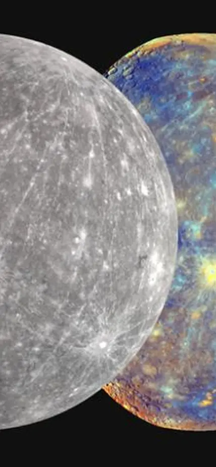 A gray-true color Mercury next to a colorized Mercury that combines visible and near infrared light to highlight the differences in surface composition. 
