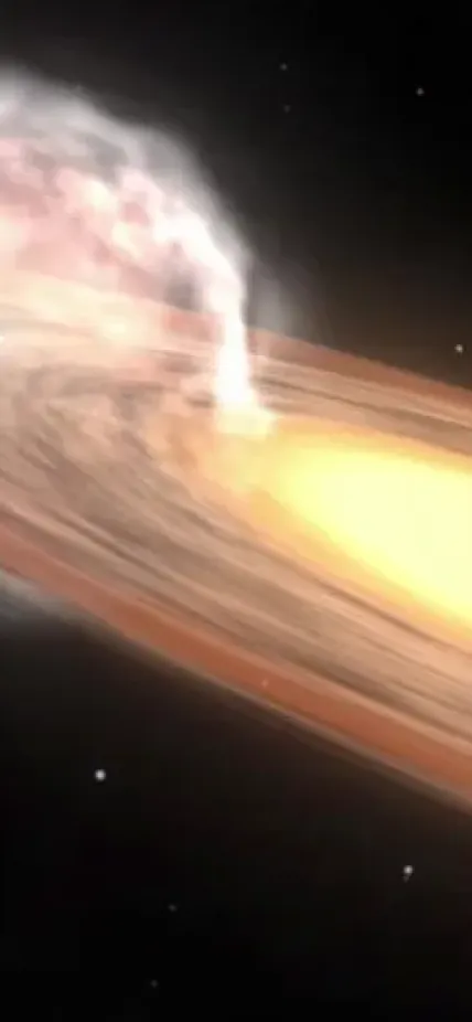 A red giant star and white dwarf orbit each other in this artist's concept of a nova similar to T Coronae Borealis. Artwork is courtesy of NASA/Goddard Space Flight Center. 