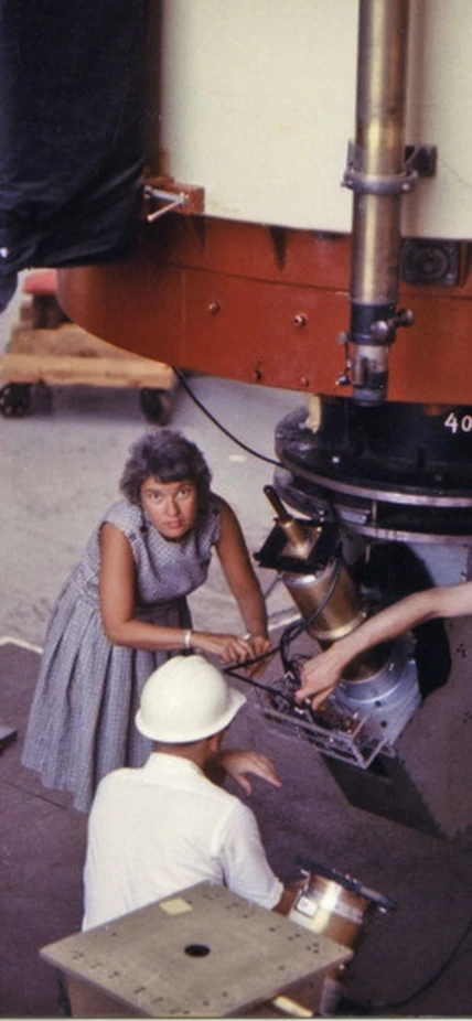 Vera Rubin at Lowell Observatory, 69-inch [i.e., 72-inch] Telescope (Kent Ford in white helmet)