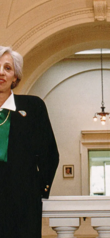 Maxine Singer with the rotunda of the Carnegie Institution administration building