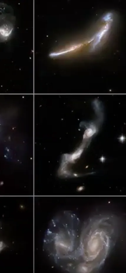 Galaxies interacting and merging to form a single galaxy