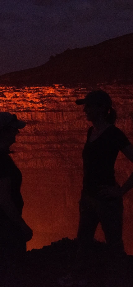 Staff scientists Diana Roman and Lara Wagner at the Masaya Volcano lava lake in Nicaragua