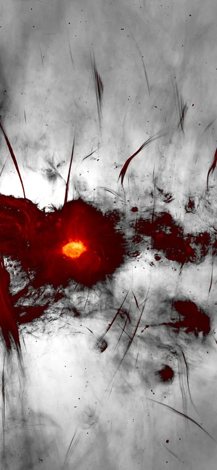 MeerKAT image of the Galactic centre region is shown with the Galactic plane running horizontally across the image. Credit: I. Heywood, SARAO.