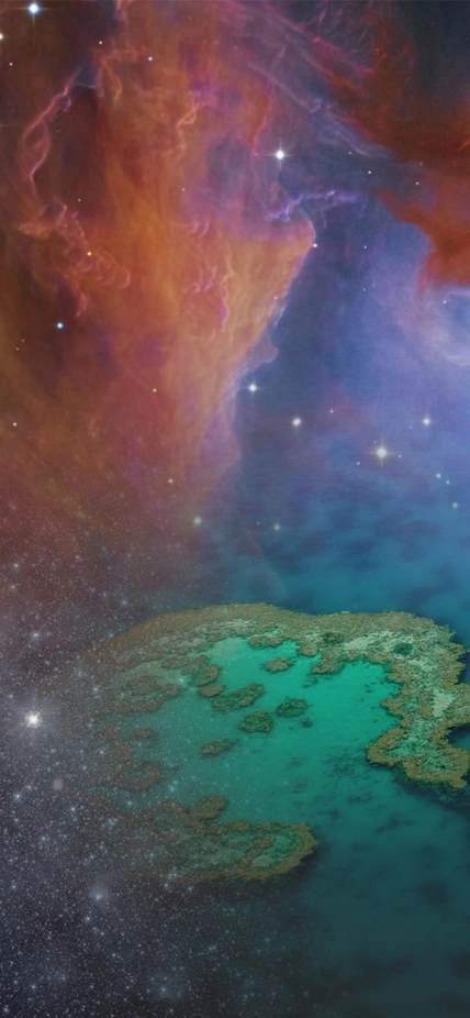 A composite image showing a lava planet, a stellar nebula, and a coral reef, representing the breadth of Carnegie Science research