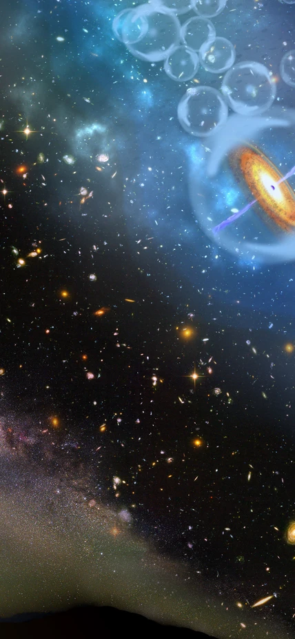 This image is an artist’s concept of a supermassive black hole, which is part of a quasar from just 690 million years after the Big Bang. The quasar (orange disk) is surrounded by neutral hydrogen, indicating that it is from the period called the epoch of reionization, when the universe’s first light sources turned on. The object was detected by Carnegie’s Magellan telescope at the Las Campanas Observatory, shown in the bottom left corner. Courtesy Robin Dienel/Carnegie Science