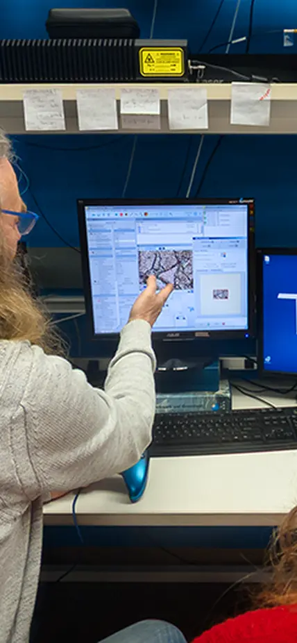 Steele points to a sample of Martian meteorite 