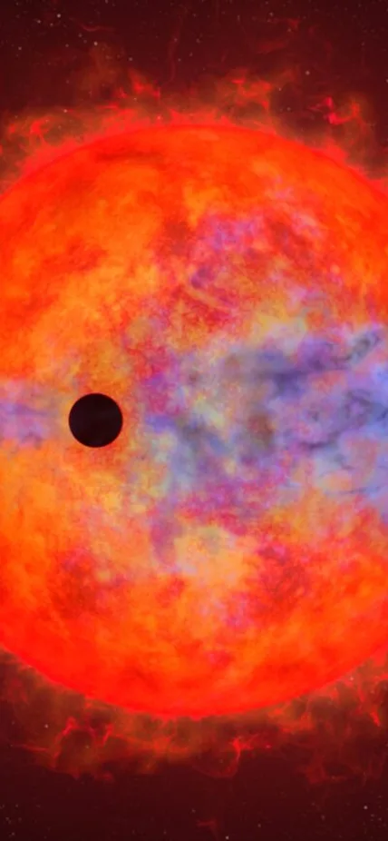 This artist's illustration shows a planet (dark silhouette) passing in front of the red dwarf star AU Microscopii. The planet is so close to the eruptive star a ferocious blast of stellar wind and blistering ultraviolet radiation is heating the planet's hydrogen atmosphere, causing it to escape into space. Credit:  NASA, ESA, and Joseph Olmsted (STScI)
