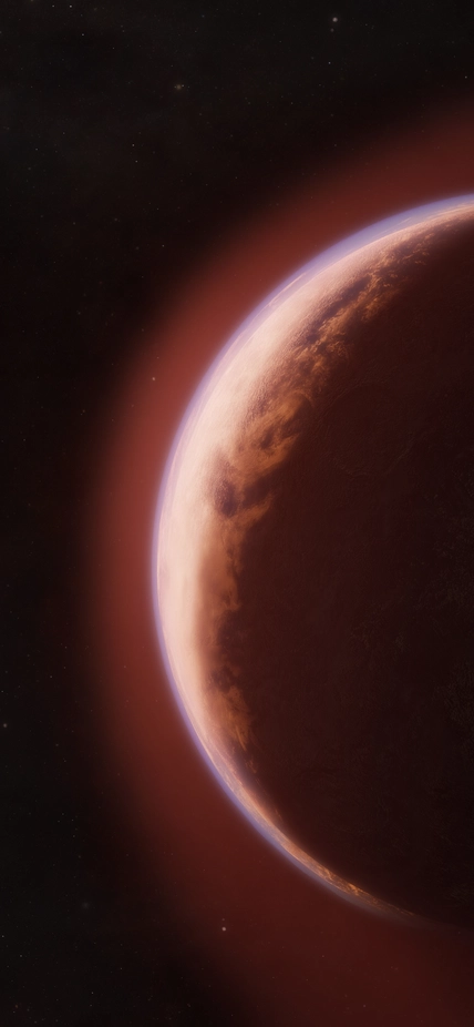 In this artist’s concept, the exoplanet LHS 1140 b is shown in the foreground, surrounded by a helium-rich atmosphere. Another nearby rocky planet orbits the same cool red dwarf star in the distance. Credit: Melissa Weiss/Center for Astrophysics |Harvard & Smithsonian