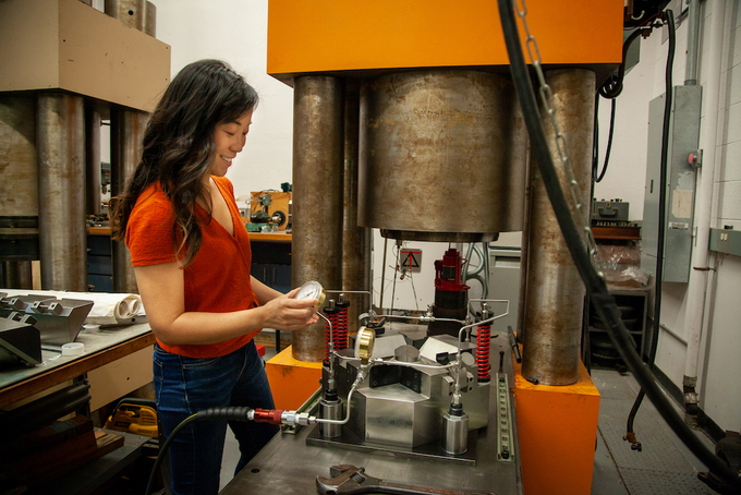 Kara Brugman uses piston-cylinder and multi-anvil presses, like the one seen here, to bring her samples to the temperatures and pressures they would experience inside of a developing planet.