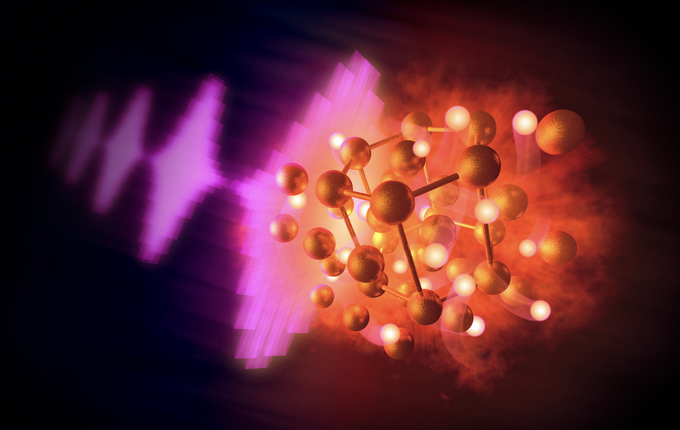 An artist's conception of gold hydride synthesiss courtesy of Greg Stewart/ SLAC National Accelerator Laboratory