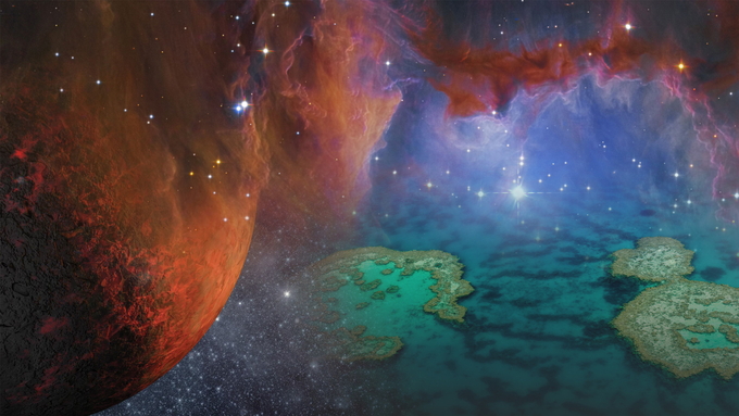A composite image showing a lava planet, a stellar nebula, and a coral reef, representing the breadth of Carnegie Science research