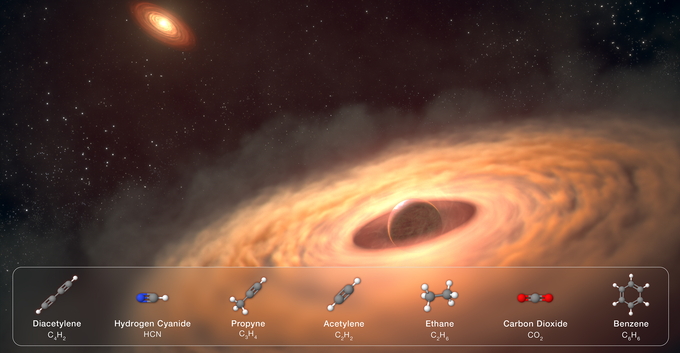 JWST has provided the first direct measurements of the chemical and physical properties of a potential moon-forming disc encircling a large exoplanet. The carbon-rich disc surrounding the world called CT Cha b is a possible construction yard for moons, although no moons are detected in the Webb data. NASA, ESA, CSA, STScI, G. Cugno (University of Zürich, NCCR PlanetS), S. Grant (Carnegie Institution for Science), J, Olmsted (STScI), L. Hustak (STScI)