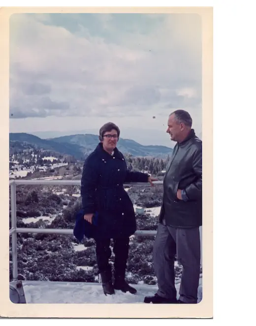 Vera on top of the dome of 200-inch Palomar telescope, with K. Rudnicki, in December 1965. The first time a woman was allowed to use the Palomar telescopes.