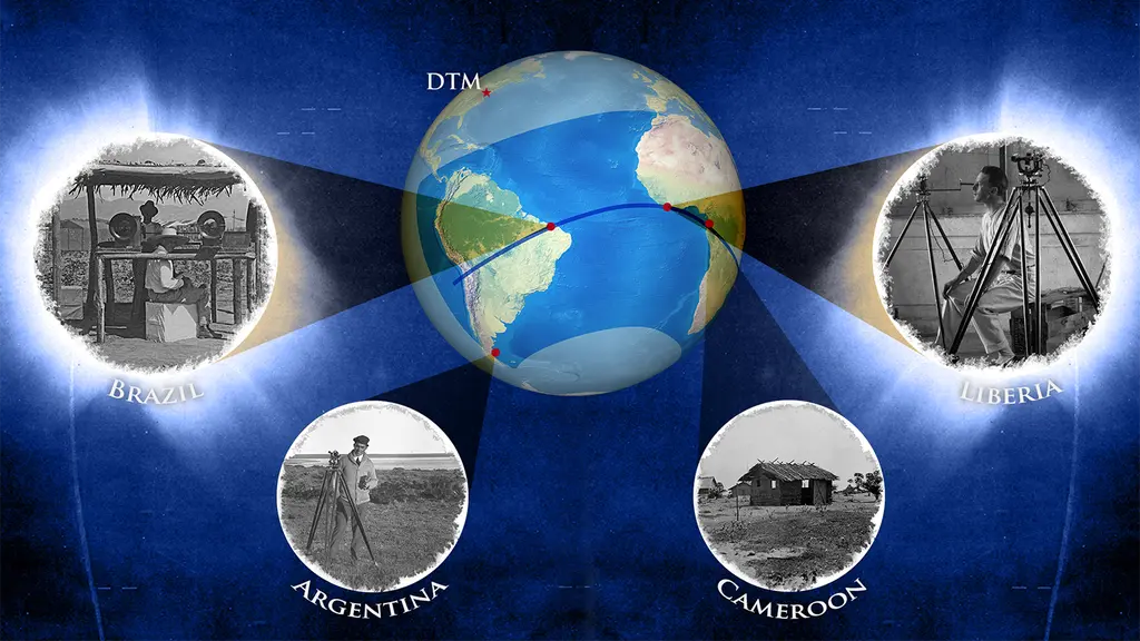 DTM global eclipse expeditions, May 29, 1919, showing the path of totality (solid line) and regions where a partial eclipse could be observed (shadowed region). The Department had eclipse stations along the path of the 1919 eclipse in (from left) Sobral, Brazil; Puerto Deseado, Argentina; Campo, Cameroon; and Cape Palmas, Liberia. Image by Roberto Molar Candanosa/Shaun Hardy, Carnegie DTM.