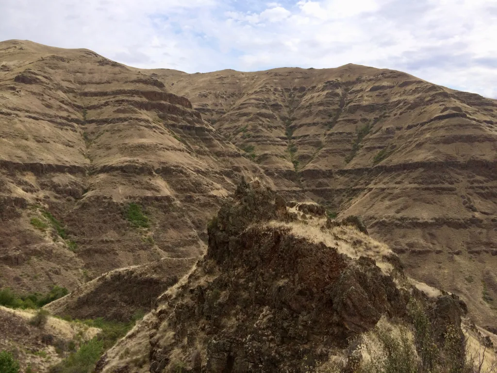 A dike (forground) in the Chief Joseph Dike Swarm was one ofmany that sourced the Grande Ronde Basalt, the most voluminous formation of the Columbia River Basalt Group (Photo credit: Jennifer Kasbohm).