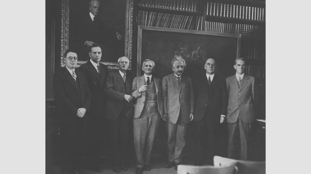 Albert Einstein visits with Carnegie astronomers, including Edwin Hubble, at the Mount Wilson Observatory Library, circa 1931. 