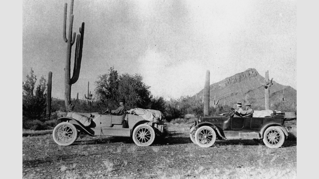 Desert Laboratory Director Daniel T. MacDougal and scientists Edith and Forrest Shreve shown driving through the western Arizona desert
