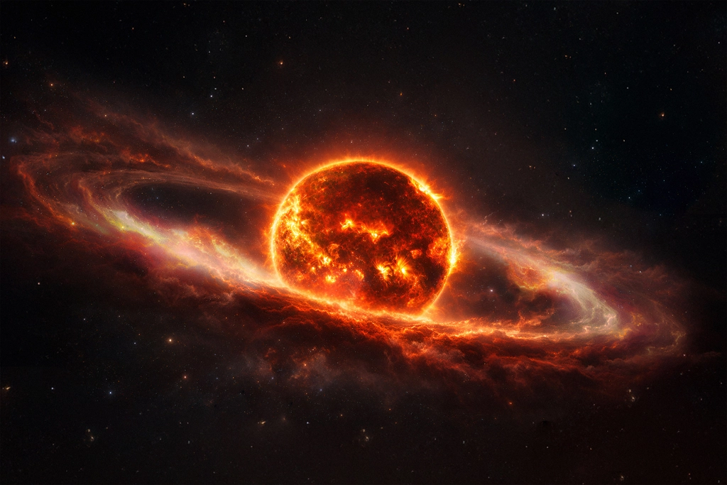 Artist's renditions of the space weather around M dwarf TIC 141146667.  The torus of ionized gas is sculpted by the star's magnetic field and rotation, with two pinched, dense clumps present on opposing sides of the star. Illustrations by Navid Marvi, courtesy Carnegie Science. 